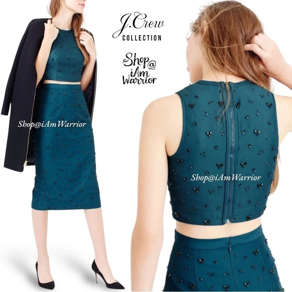 J.Crew Collection 2PC teal beaded crop top & pencil midi skirt *shop@iamwarrior